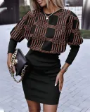 Fall Fashion Print Slim Waist Round Neck Long Sleeve Casual Dress