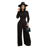 Women'S Fashion Solid Color Long Sleeve Bodysuit + Wide Leg Pants Two Piece Set