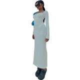 Style Ribbed Solid Long Sleeve Slim Fitted Long Dress