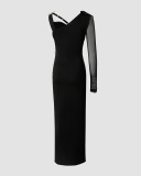 Women'S Black Irregular Pin Long Sleeve Tight Fitting Patchwork Slit Dress