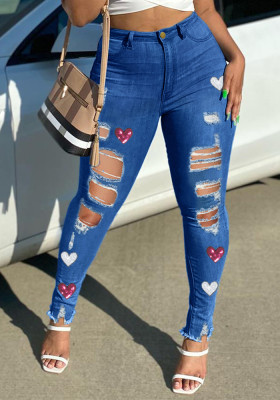 Women'S Trend Ripped Print Denim Trousers Women Jeans