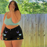 Plus Size Women'S Street Style Butterfly Print Denim Shorts