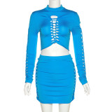 Fall Women'S Fashion Long Sleeve Round Neck Cutout Tee Slim Bodycon Skirt Set