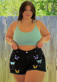 Plus Size Women'S Street Style Butterfly Print Denim Shorts