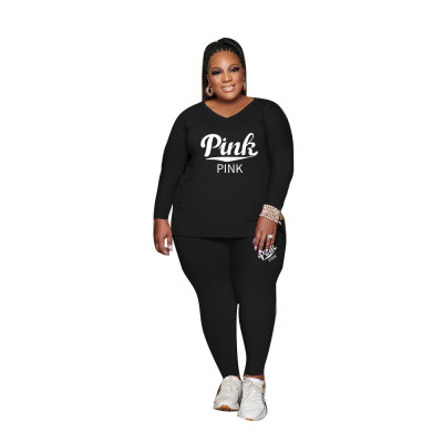 Plus Size Women Fall Casual Print Long Sleeve Top+Pant Two-Piece Set