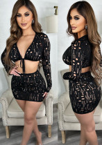 Women Sexy V-Neck Lace-Up Long Sleeve Ripped Crop Top + Short Skirt Two Piece