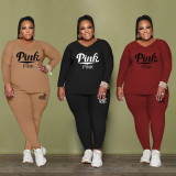 Plus Size Women Fall Casual Print Long Sleeve Top+Pant Two-Piece Set