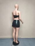 Womens Sexy Pu-Leather Strapless Top+ Lace-Up Mini dress Irregular Two Piece