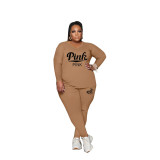 Plus Size Women Fall Casual Print Long Sleeve Top+Pant Two-Piece Set