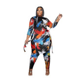 Plus Size Women Irregular Print Long Sleeve Top+Pant Two-Piece Set