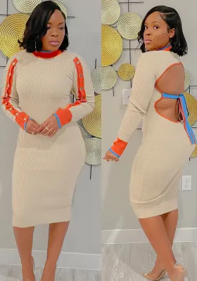 Women Sexy Contrast Strip Backless Long Sleeve Midi Dress