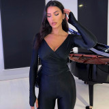 Women Fall Casual V-Neck Long Sleeve Top+ Pants Two Piece Set