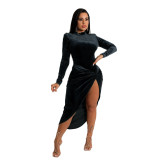 Women Sexy Long Sleeve Bodysuit + Split Skirt Two Piece