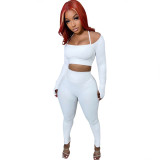 WomenCasual Round Neck Long Sleeve Crop Top+Pant Two Piece