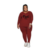 Plus Size Women Fall Casual Print Long Sleeve Top+Pant Two-Piece Set