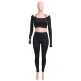 WomenCasual Round Neck Long Sleeve Crop Top+Pant Two Piece