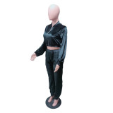 Women Casual Fall/Winter velvet Zipper Long Sleeve Crop Top+Pant Two Piece Set