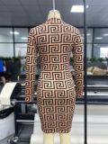 Women Sexy Long Sleeve Printed V-Neck Bodycon Dress