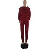 Women Casual Solid Long Sleeve Hooded Top+Pant Two Piece