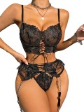 Summer Thin Lace Polka Dot See-Through Lingerie Lace-Up Sexy Three-Piece Outfit