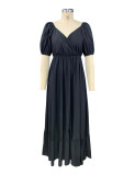 Autumn Fashion Sexy Short Sleeve V-Neck Solid Color Swing Maxi Dress