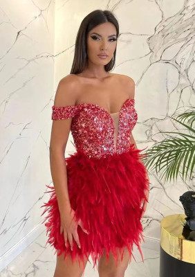 Sexy Gorgeous Off Shoulder Feather Dress