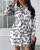 Fall Women's Chic Print Cardigan Turndown Collar Loose Shirt Dress