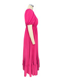 Autumn Fashion Sexy Short Sleeve V-Neck Solid Color Swing Maxi Dress