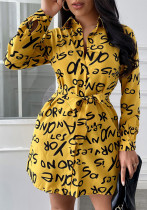 Fall Women's Chic Print Cardigan Turndown Collar Loose Shirt Dress