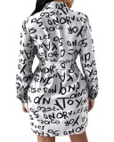 Fall Women's Chic Print Cardigan Turndown Collar Loose Shirt Dress