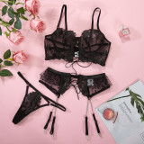 Summer Thin Lace Polka Dot See-Through Lingerie Lace-Up Sexy Three-Piece Outfit
