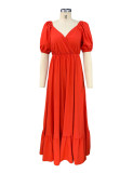 Autumn Fashion Sexy Short Sleeve V-Neck Solid Color Swing Maxi Dress