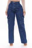 Women's High Waist Elastic Waist Drop Pants Loose Wide Leg Cargo Multi Pocket Denim Pants