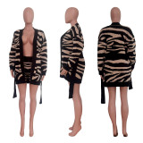 Women'S Knitting Leopard Sweater Cardigan + Shorts Two Piece Set