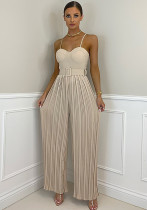 Summer And Autumn Women'S Sexy Straps Solid Color Pleated Wide Leg Jumpsuit