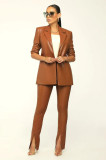 Women'S Pu Leather Turndown Collar Blazer Slit Tight Pants Two Piece Set