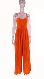 Summer And Autumn Women'S Sexy Straps Solid Color Pleated Wide Leg Jumpsuit