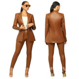 Women'S Pu Leather Turndown Collar Blazer Slit Tight Pants Two Piece Set
