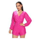 Women'S Fall/Winter Pleated Fashion V-Neck Casual High Waist Jumpsuit