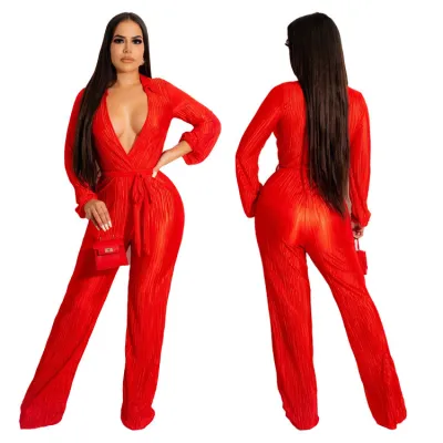 Women'S Autumn And Winter Sexy Deep V One Piece High Waist Casual Wide Leg Jumpsuit