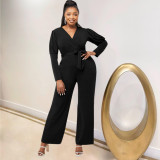 Women'S V-Neck Puff Sleeves Autumn/Winter Solid Color Jumpsuit