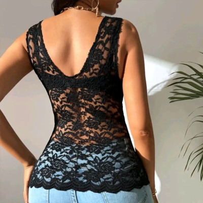 Women'S Autumn And Winter Sexy Solid V-Neck Lace Tank Top