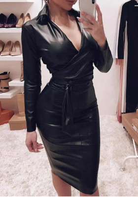 Pu Leather Long Sleeve Sexy Slim Dress