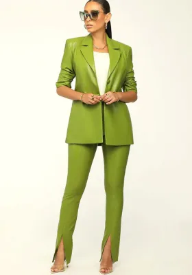 Women'S Pu Leather Turndown Collar Blazer Slit Tight Pants Two Piece Set