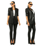 Women'S Pu Leather Turndown Collar Blazer Slit Tight Pants Two Piece Set