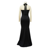 Women'S Sexy Deep V Neck Solid Halter Neck Dress