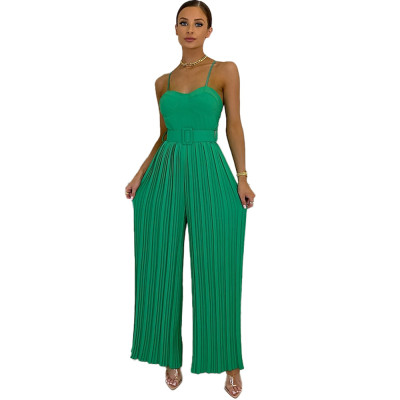 Summer And Autumn Women'S Sexy Straps Solid Color Pleated Wide Leg Jumpsuit