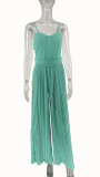 Summer And Autumn Women'S Sexy Straps Solid Color Pleated Wide Leg Jumpsuit