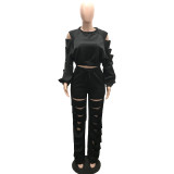 Women Casual Ripped Long Sleeve Top+ Pants Two Piece Set