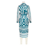 Women Long Sleeved With Printed Pleated Belt Dress